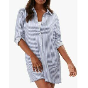 Tommy Bahama Blue & White Chambray Stripe Boyfriend Beach Shirt Pockets Size Sma